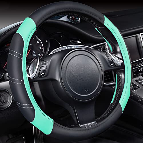 CAR PASS Line Rider Microfiber Leather Sporty Steering Wheel Cover Universal Fits for 95% Truck,SUV,Cars, 14.5-15 inch Anti-Slip Safety Comfortable Design (Black Mint Blue) - color: Black＆Mint, size: Standard[14.5"-15"]