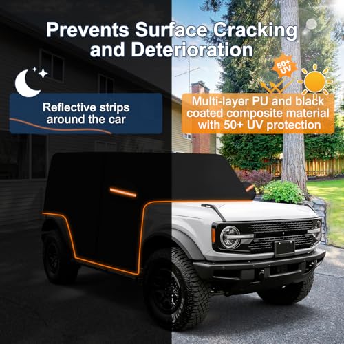QUNSUNUS Bronco Cover 4 Door Cab Cover All Years,Waterproof Bronco Cab Cover with Cotton Liner, All Weather Half Car Rain Cover with Adjustable Straps and Zipper for Wind, Sun, UV and Dust Protection - size: for Bronco 4 Door Cab Cover