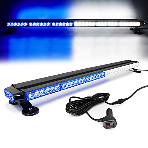 38'' 80 LED Emergency Strobe Rooftop Flashing Light Bar, Double Side Hazard Warning Beacon Safety Lights w/Magnetic for Tow Vehicles Firefighter Cars Trucks Traffic Security,White & Blue - color: White & Blue, size: 38''