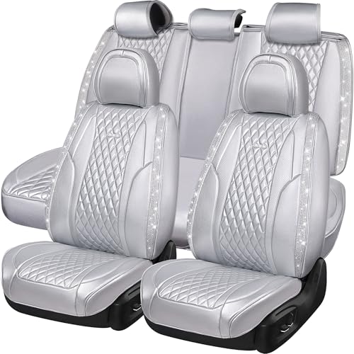 CAR PASS Nappa Leather Car Seat Covers for Full Set Bling Silver Diamond Universal Luxury Cushion, Waterproof Anti-Slip Seat Protector Fit for Women SUV Sedan Sparkly Glitter Crystal White Rhinestone - color: White and Silver Diamond, size: Full Set