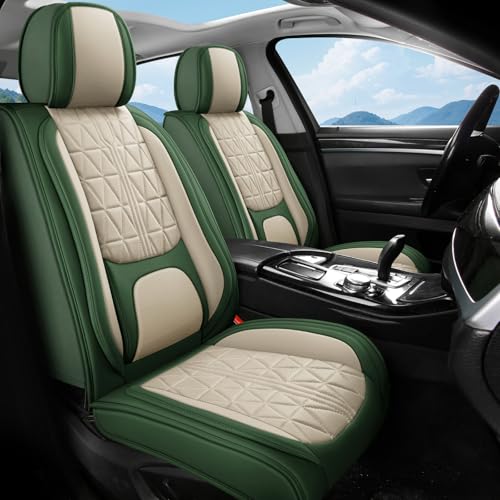 otoez Car Seat Covers Full Set, Nappa Leather Seat Covers for Cars with Lumbar Support, Breatheable Automotive Seat Cover Protector Universal Fit for Most Car Sedan SUV Truck, Green & Beige - color: Green & Beige