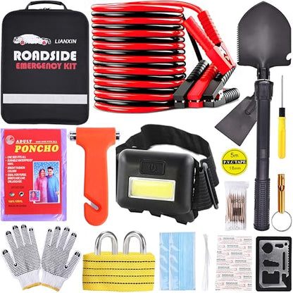 Car Emergency Roadside Tool Kit, Emergency Kits for Vehicles, Road Side Safety Assistance Kit ,With Jumper Cables for Car,Headlamp,Folding Shovel,Tow, Basic Automobile Road Side Kits for Men Women - color: Red