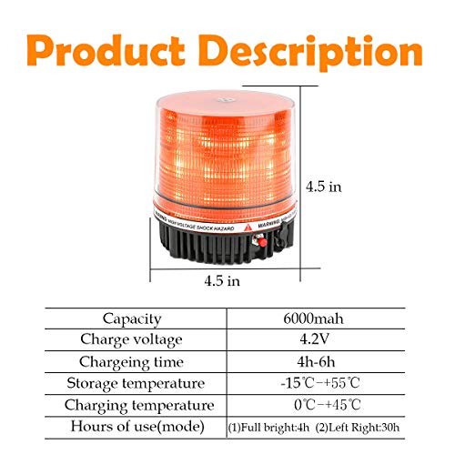 Amber Wireless Rotating Beacon Orange Battery Led Strobe Warning Light Roof Top Plow Hazard Flash Emergency Mail Lights 12 V with Magnetic Base Mount and Rechargeable Plug (Yellow, 18 LED) - color: Amber