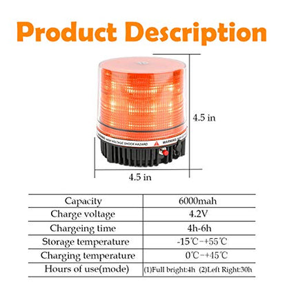 Amber Wireless Rotating Beacon Orange Battery Led Strobe Warning Light Roof Top Plow Hazard Flash Emergency Mail Lights 12 V with Magnetic Base Mount and Rechargeable Plug (Yellow, 18 LED) - color: Amber