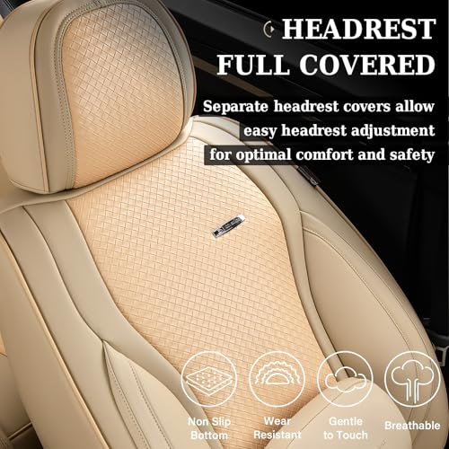 Coverado Seat Covers, Car Seat Covers Front Seats, Waterproof Nappa Leather Auto Seat Cover with Lumbar Head Pillow, Beige Seat Covers Carseat Cover Universal Fit for Most Cars - color: Beige（Pillow）, size: Front