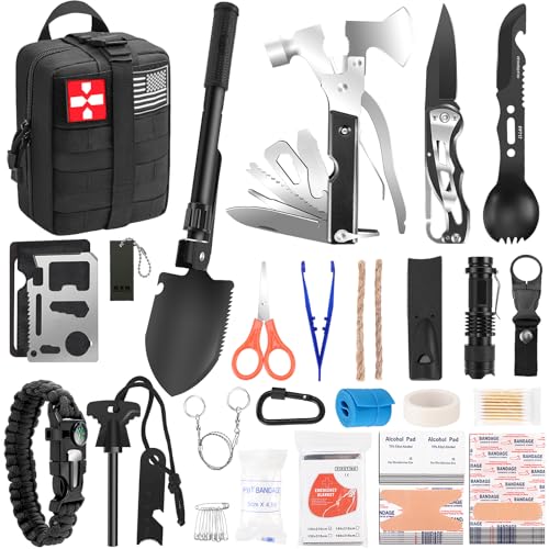 Gifts for Men Christmas Dad, Survival Kit, 150 PCS Survival Gear and Supplies Equipment with Trauma Bag, Molle Pouch Emergency Kit for Outdoor Camping, Hunting, Car, Home, Earthquake, Adventures - color: Black
