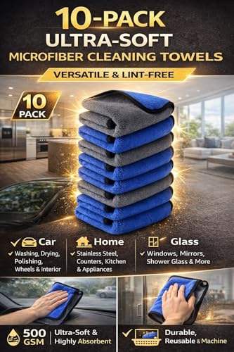 Microfiber Cleaning Towel for Kitchens, Cars and Gym, 10 Pack, Ultra-Soft Thick Quick-Drying 500GSM Towels for Car Polishing, Detailing, Workout and Fitness Use
