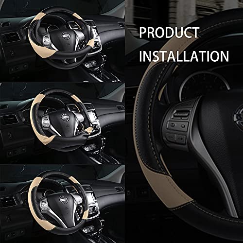 Leather Car Steering Wheel Cover, Non-Slip Car Wheel Cover Protector Breathable Microfiber Leather Universal Fit for Most Cars(Beige) - color: Beige