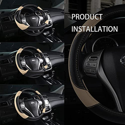 Leather Car Steering Wheel Cover, Non-Slip Car Wheel Cover Protector Breathable Microfiber Leather Universal Fit for Most Cars(Beige) - color: Beige