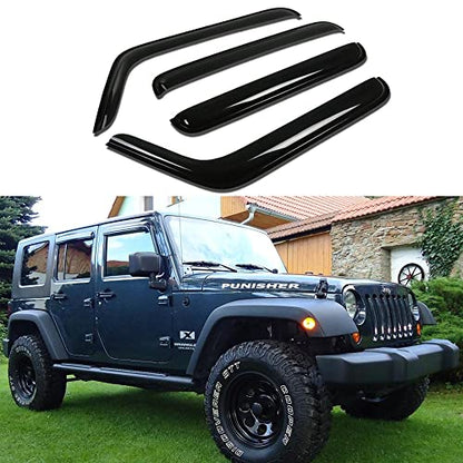 94249 Original Side Window Visor Deflector Rain Guard,Outside Mount Tape-on Shatterproof Dark Smoke,4pcs Window Shades fit for 2007-2018 Jeep Wrangler 4-Door (JK) - size: 2007-2018 Wrangler JK 4-Door Outside Mount