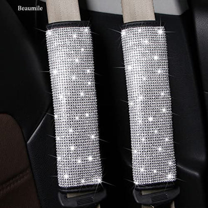 Seat Belt Pads 2-Pack Bling Seat Belt Covers Soft PU Leather Crystal Seat Belt Shoulder Pads Rhinestone Bling Car Accessories For Women (White) - color: White