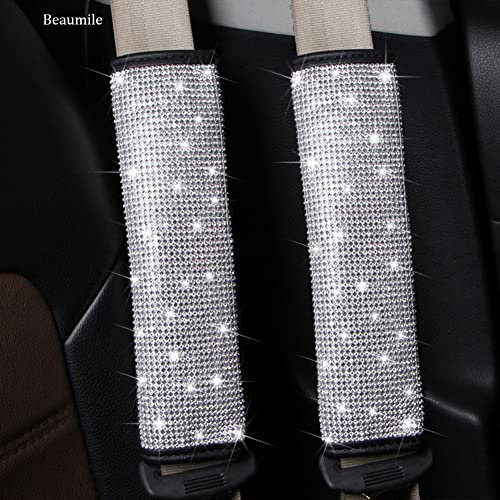 Seat Belt Pads 2-Pack Bling Seat Belt Covers Soft PU Leather Crystal Seat Belt Shoulder Pads Rhinestone Bling Car Accessories For Women (White) - color: White