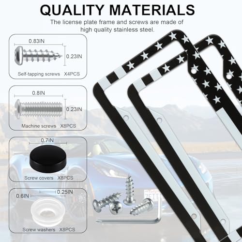 LivTee American Flag License Plate Frames, 4 Holes Stainless Steel License Plate Covers, 2PCS License Plate Holder, Automotive Exterior Accessories,White & Black - color: Flag White & Black