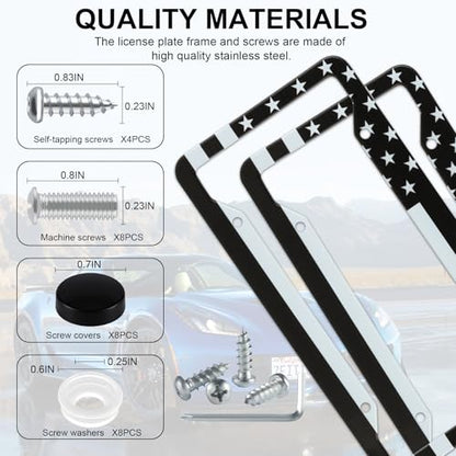 LivTee American Flag License Plate Frames, 4 Holes Stainless Steel License Plate Covers, 2PCS License Plate Holder, Automotive Exterior Accessories,White & Black - color: Flag White & Black