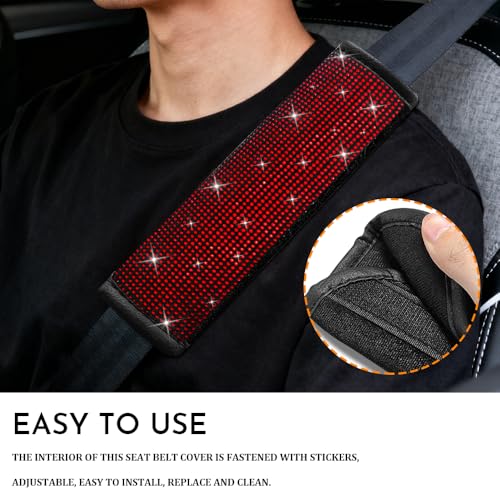 2PCS Bling Seat Belt Covers, Seat Belt Cover Pad, Car Seatbelt Shoulder Pads with Rhinestone, Auto Accessories Comfortable Automotive Neck Shoulder Mat Cushion for Car Truck SUV (Red) - color: Red
