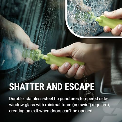 Sabre Safe Escape™ 3-in-1 Car Escape Tool for Car Safety with Spring-Loaded Window Breaker, No Swing Required, Seat Belt Cutter, LED Flashlight, Compact Auto Safety Tool for Emergencies - color: Neon Yellow