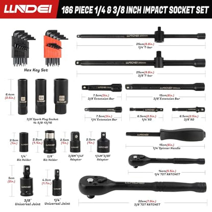 LLNDEI 1/4 & 3/8 Inch Drive Impact Socket Set, 186 Pieces Metric and Standard Full Sockets, CR-V Deep & Shallow Sockets Tool Set with Ratchet Wrench Handle, Spark Plug Socket, Bits for Mechanic - size: 186-Piece 1/4" & 3/8" Drive Socket Set