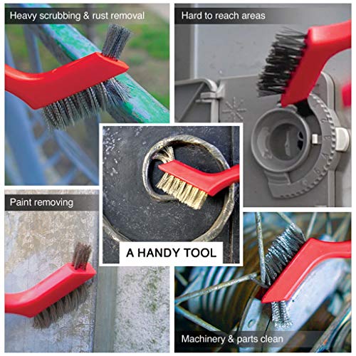 Lavaxon Wire Brush Set 3Pcs - Nylon/Brass/Stainless Steel Bristles with Curved Handle Grip for Rust, Dirt & Paint Scrubbing with Deep Cleaning – 7 Inches (Red) - color: Red