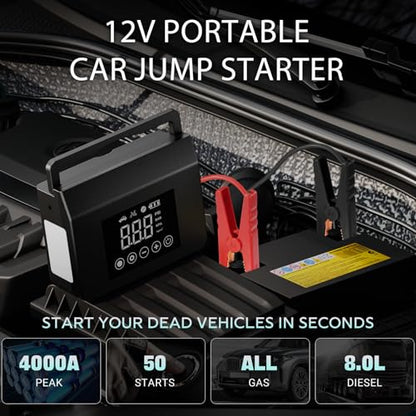 Hieha 4000A Jump Starter with Air Compressor, 12V Portable Car Battery Charger, 150PSI Tire Inflator, 15000mAh Power Bank, LED Flashlight for All Gas 8.0L & Diesel 7.0L Vehicles