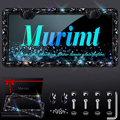 2 Pack Bling License Plate Frame for Women with High End Ribbon Gift Box Rhinestone Sparkly Diamond License Plate Holder, Handcrafted Crystal Premium Stainless Steel (Black Gem) - color: black 2pcs