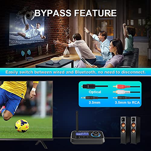 Bluetooth 5.3 Transmitter Receiver for 2 Headphones 3-in-1 Audio Adapter with Bypass Low Latency LCD Display ON/OFF Switch Volume Control Optical AUX RCA for Headphone Speaker TV Home Stereo - color: Black Grey