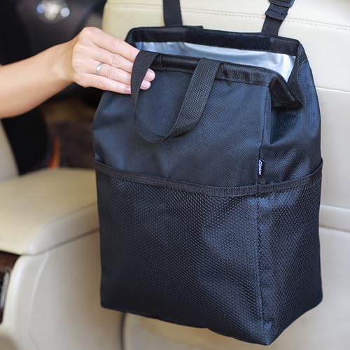 Ginsco New Leak-Proof Travel Car Trash Bag, 3.5 Gallons Large Capacity Hanging Car Trash Can with Hook and Loop Lid and Handle, Multipurpose Trash Bin with Storage Pockets for SUV RV Camping (Black) - color: Black, size: 3.5 Gallons
