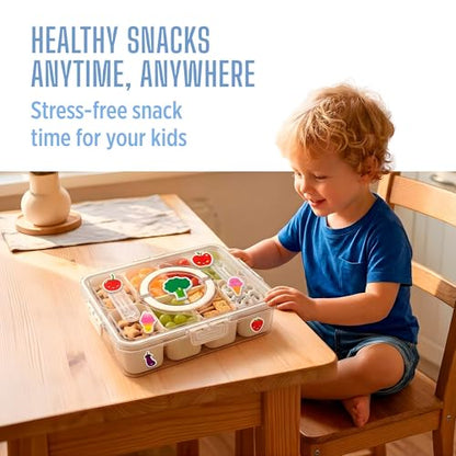 Travel Snack Container for Kids – Snackle Box with 8 Removable Compartments, Utensils and Recipe QR – Snack Box for Road Trips, Beach, Picnic and School Lunch