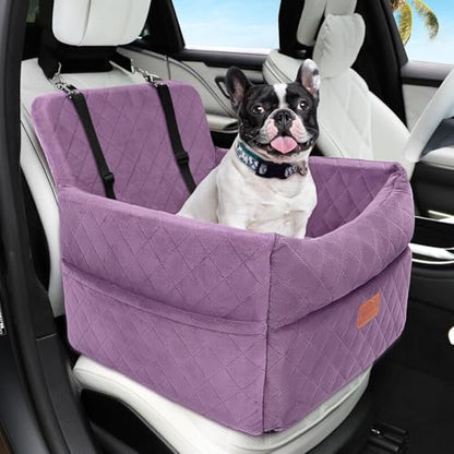 HEGGCOOE Small Dog Car Seat, Memory Foam Dog Booster Seats with Thick Cushion for Medium Dogs Under 35lbs, Detachable Washable Pet Car Seat Bed with Storage Pockets,2 Safety Belts Purple - color: Purple