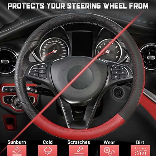 SEG Direct Car Steering Wheel Cover for Prius Civic Model 3 Model Y Camaro, Small Size 14-14.25 inch, Black and Red Microfiber Leather - color: Black and Red, size: Small size[14''-14 1/4'']