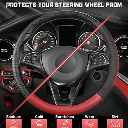 SEG Direct Car Steering Wheel Cover for Prius Civic Model 3 Model Y Camaro, Small Size 14-14.25 inch, Black and Red Microfiber Leather - color: Black and Red, size: Small size[14''-14 1/4'']