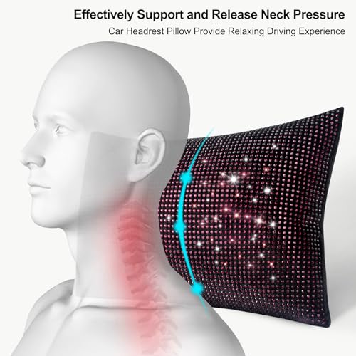 surpassme 2PCS Rhinestone Car Headrest Neck Pillow for Driving with Bling Bling Crystal Bow Pillow Car Accessories for Women (Purple) - color: 2 Purple Pillows
