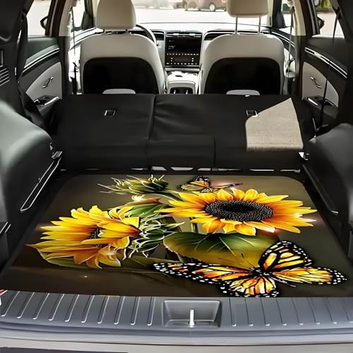 Universal Car Trunk Mat 29" x 39",Sunflower and Butterfly All Weather Trunk Protection Cargo Liner,Durable Cargo Mat Rear Trunk Liner, Stylish Vehicle Interior Accessories Suitable for Most Car Models - color: Sunflower Butterfly