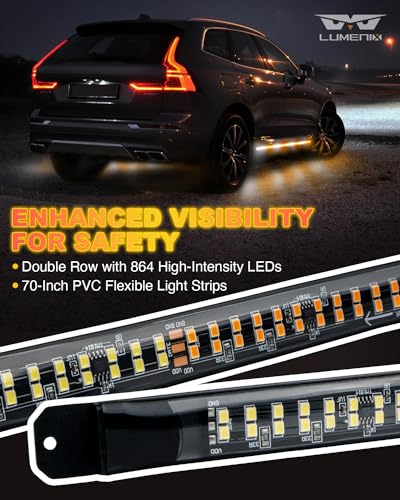 LUMENIX 2PCS 70 Inch Emergency Strobe Lights Strip LED Running Board Flexible Lights Bar Flashing Warning Hazard Safety Side Light for Construction Vehicles Tow Work Trucks Pickups - White Amber - color: White Amber