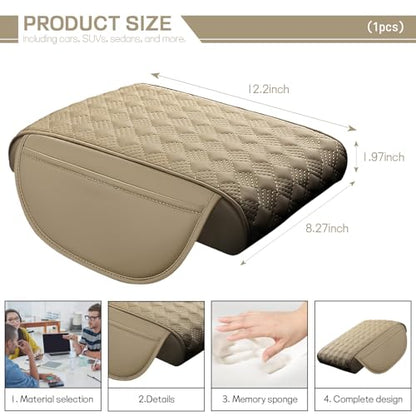 Car Armrest Cushion, 12.2"×8.3" Leather Auto Memory Foam Center Console Pad with Storage Pocket, Waterproof & Anti-Scratch Elbow Pillow Armrest Seat Box Protector, Universal Fit (Beige) - color: Beige