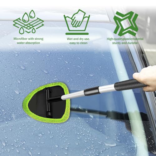 Windshield Cleaning Tool, Car Window Cleaner with 4 Washable Reusable Microfiber Pads, Auto Interior Exterior Extendable Long Handle Glass Wiper Cleaning Kit Universal for Office and Home (Green) - color: Green