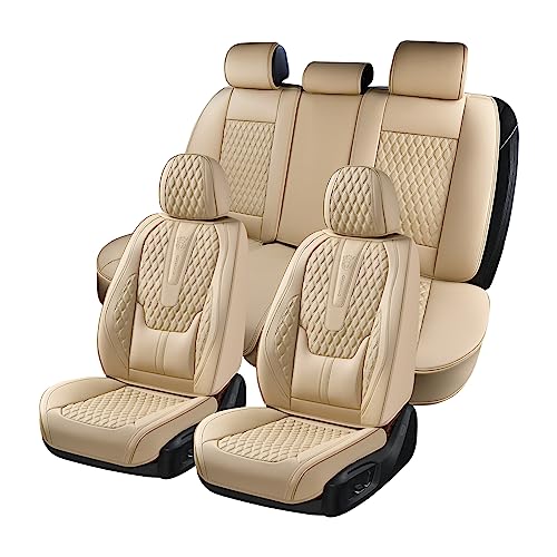 Coverado Car Seat Covers Full Set, Nappa Leather Seat Covers for Car, Waterproof Car Seat Protector with Lumbar Support, Automotive Seat Covers Universal Fit for Most Cars SUV Trucks (Beige) - color: A/Beige, size: FullSet