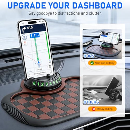 Multifunction Car Anti-Slip Mat, 360° Rotatable Phone Holder Dashboard Pad with Temporary Parking Number, Universal Anti-Slip Car Dashboard Mat for Phones Keys Sunglasses Gadgets (Black)