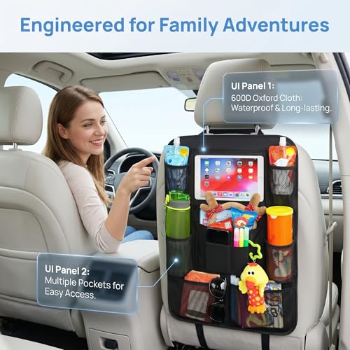 Backseat Car Organizer, 2 Pack Kick Mats Back Seat Protector with Touch Screen Tablet Holder, 9 Storage Pockets for Travel Accessories & Toys, Waterproof & Easy-Clean Black Protector