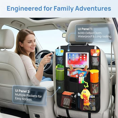 Backseat Car Organizer, 2 Pack Kick Mats Back Seat Protector with Touch Screen Tablet Holder, 9 Storage Pockets for Travel Accessories & Toys, Waterproof & Easy-Clean Black Protector