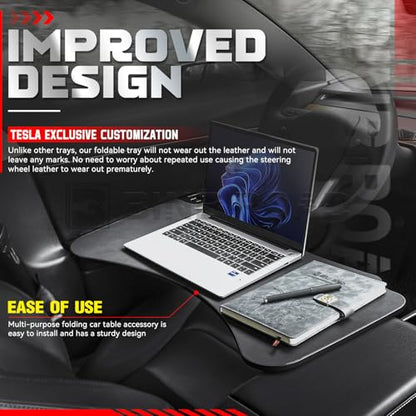 Car Folding Tray Table Leather Compatible with Tesla Model 3 Y – Multi-Use Dining Tray & Laptop Stand, Fits Front Driver & Passenger Seats,Black - color: Black