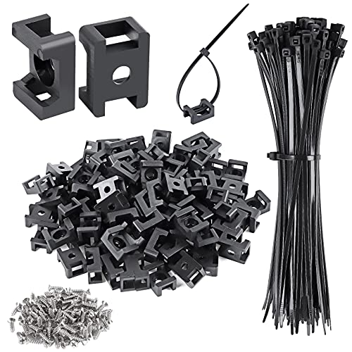 XHF 100 Pcs Cable Zip Tie Saddle Type Mounts Base with 100 Pcs 8" Cable Ties and 100 Pcs Tapping Screw, Wire Cable Clips Organizer Holders Clamps Black - color: Black, size: 0.6 inch