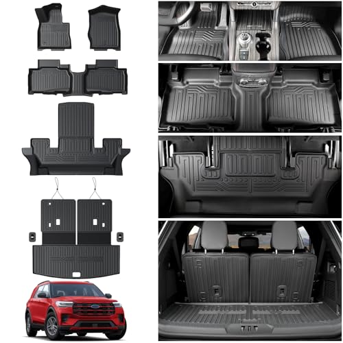 Floor Mats for 2020-2025 2026 Ford Explorer Accessories, Cargo Mat with Backrest Mat All Weather TPE Waterproof for Ford Explorer 6 Passenger Captain Seat ST Accessories 2025 2024 2023