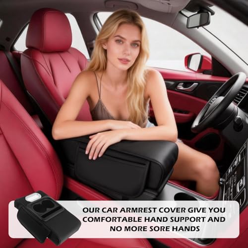 5-in-1 Car Armrest Storage Box,Multifunctional PU Leather Organizer with Phone Holder & Cup Holder & Side Pockets,Universal Car Armrest Cushion Fit for Most Cars SUVs