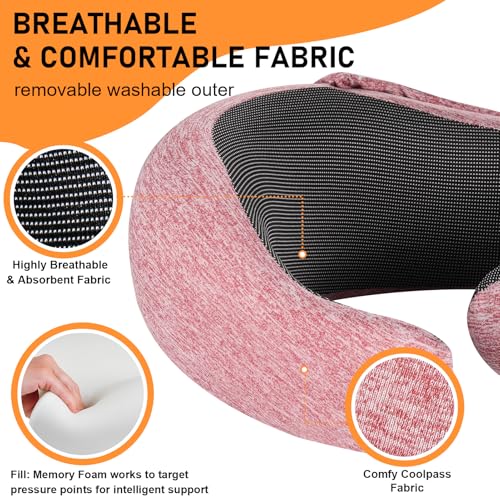 Travel Pillow - Hooded Neck Pillow Airplane Memory Foam Filling for Plane,Cars Sleeping, Road Trip, Long Flights, Portable Plane Accessories, Includes Eye Mask & Earplugs (Red)