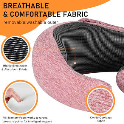 Travel Pillow - Hooded Neck Pillow Airplane Memory Foam Filling for Plane,Cars Sleeping, Road Trip, Long Flights, Portable Plane Accessories, Includes Eye Mask & Earplugs (Red)