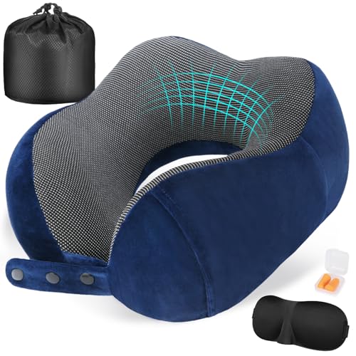 Cirorld Neck Pillow for Traveling, Travel Pillows for Airplanes,100% Pure Memory Foam Travel Neck Pillow, Adjustable Flight Pillow, Portable Plane Accessories with Eye Mask, Earplugs, Carry Bag - color: Blue