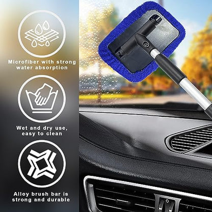 Ziciner Car Windshield Cleaner, Microfiber Auto Cleaning Wiper with Aluminum Extendable Handle and 2 Washable Reusable Cloth Pad Head, Universal Vehicle Interior Exterior Cleaner Kit (Blue-Rectangle) - size: Blue-rectangle