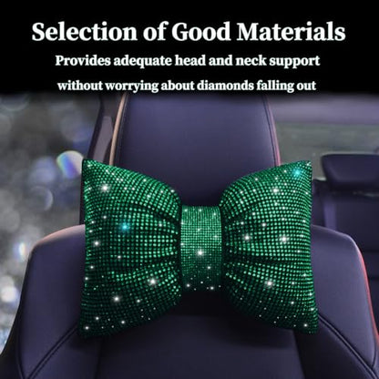 Bling Car Pillows Rhinestones Bowknot Neck Cushion Pillowsdiamond-Studded Headrest Accessories for Women Colourful Rhinestone Car Accessories Green 2Pcs - color: Green