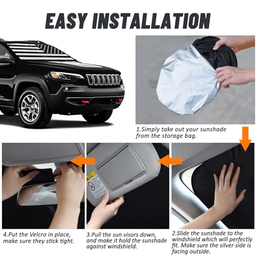 D-Lumina Windshield Sun Shade for 2014-2023 Jee'p Cherokee Accessories (Not for Grand Cherokee), Front Window Sunshade American Flag Sun Visor Protector Block UV Rays, Foldable 2 Layers 210T Material - size: Silver & Black-Fit 2014-2023 Jeep Cherokee