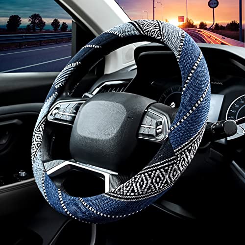 Valleycomfy Cloth Steering Wheel Covers for Women Bohemian Universal 15 inch Baja Blanket Enthic Blue - color: ClothD